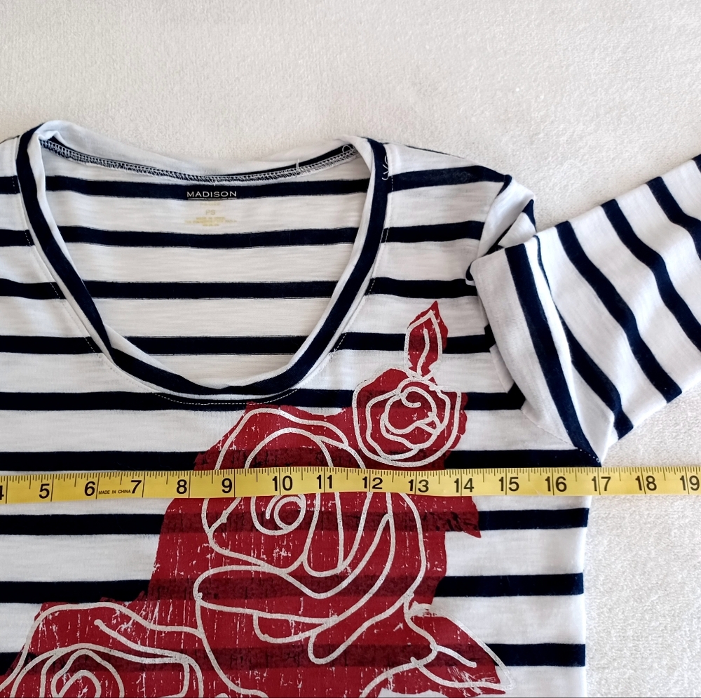Madison Black and White Striped Top with Red Rose Design, Size Sp - Picture 10 of 12